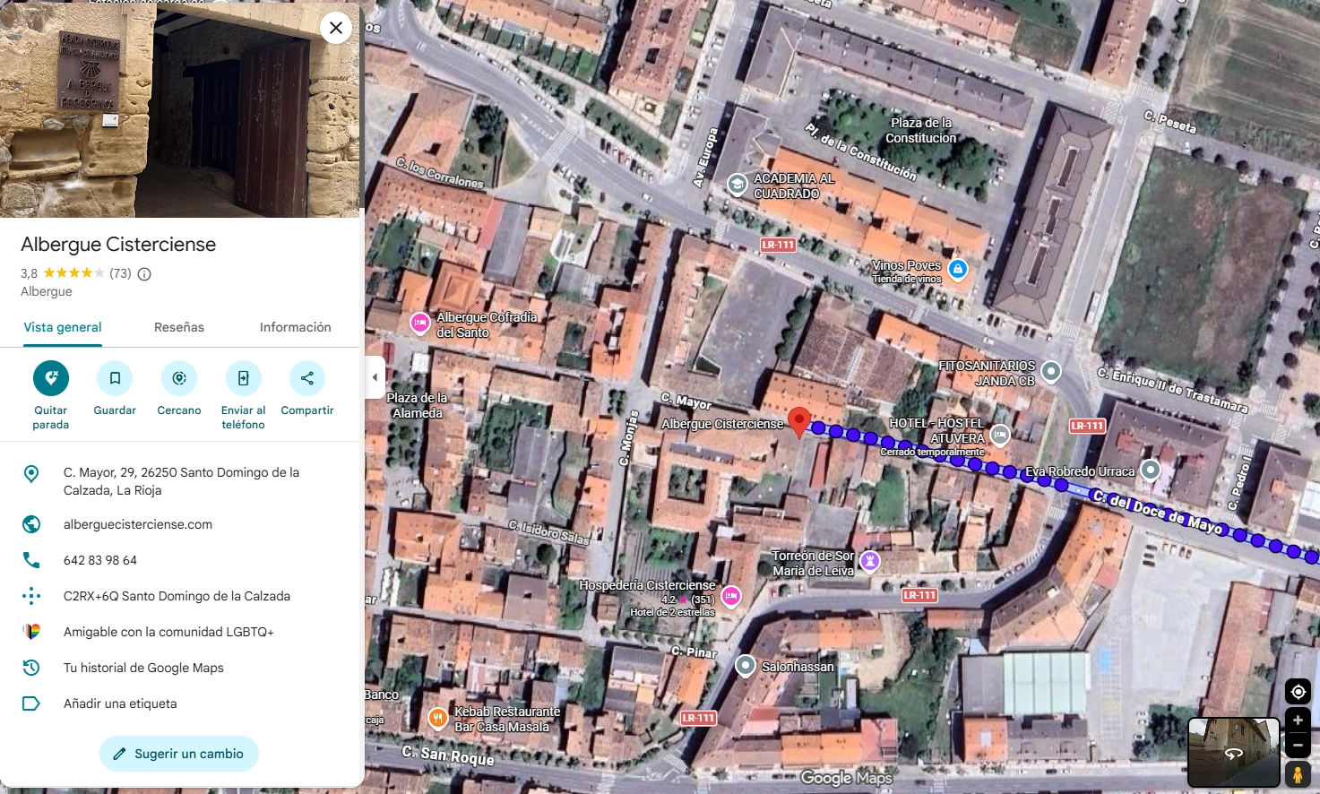 localización albergue cisterciense en google maps. Localización del mapa via satélite