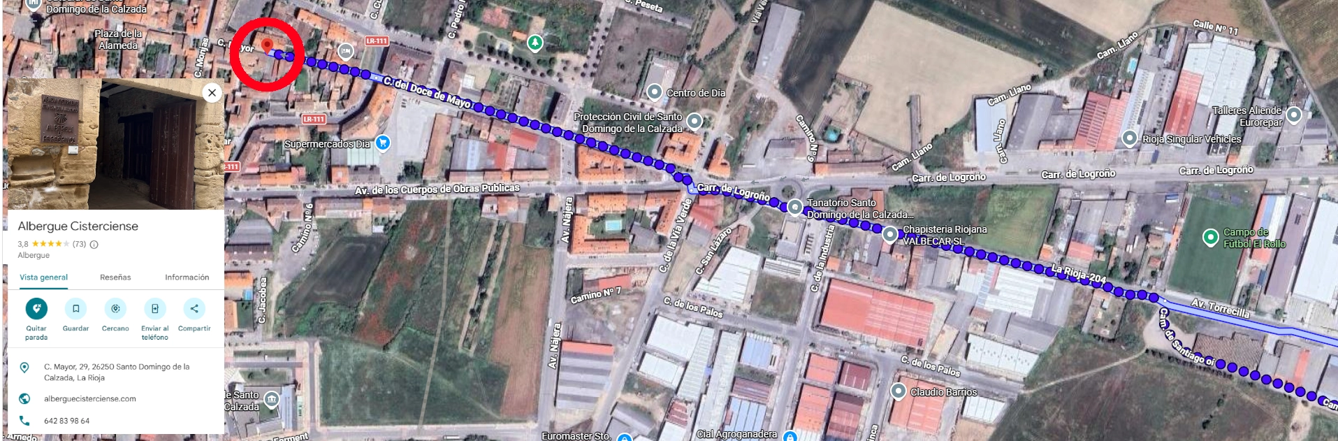 localizacion del albergue en google maps aclarándolo dónde se encuentra con un círculo rojo